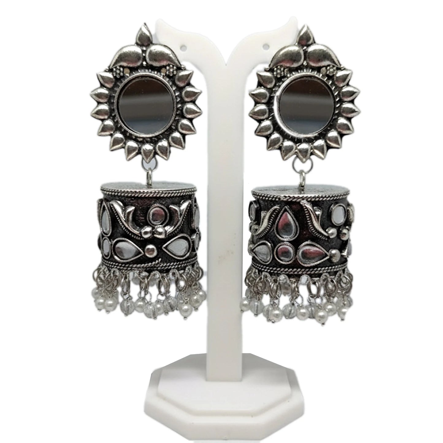 Oxidised Mirror Jhumka Earrings with Beads | Bohemian Ethnic Earrings for Festive Occasions