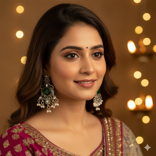 Oxidized Hexagon Stone Chandelier Earrings with Pearl Drops | Traditional Indian Jewellery for Festive & Wedding Wear