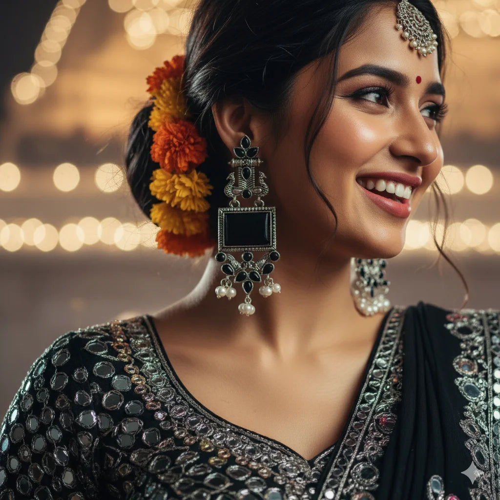 Oxidized Square Stone Chandelier Earrings with Pearl Drops | Traditional Indian Jewellery for Festive & Wedding Wear