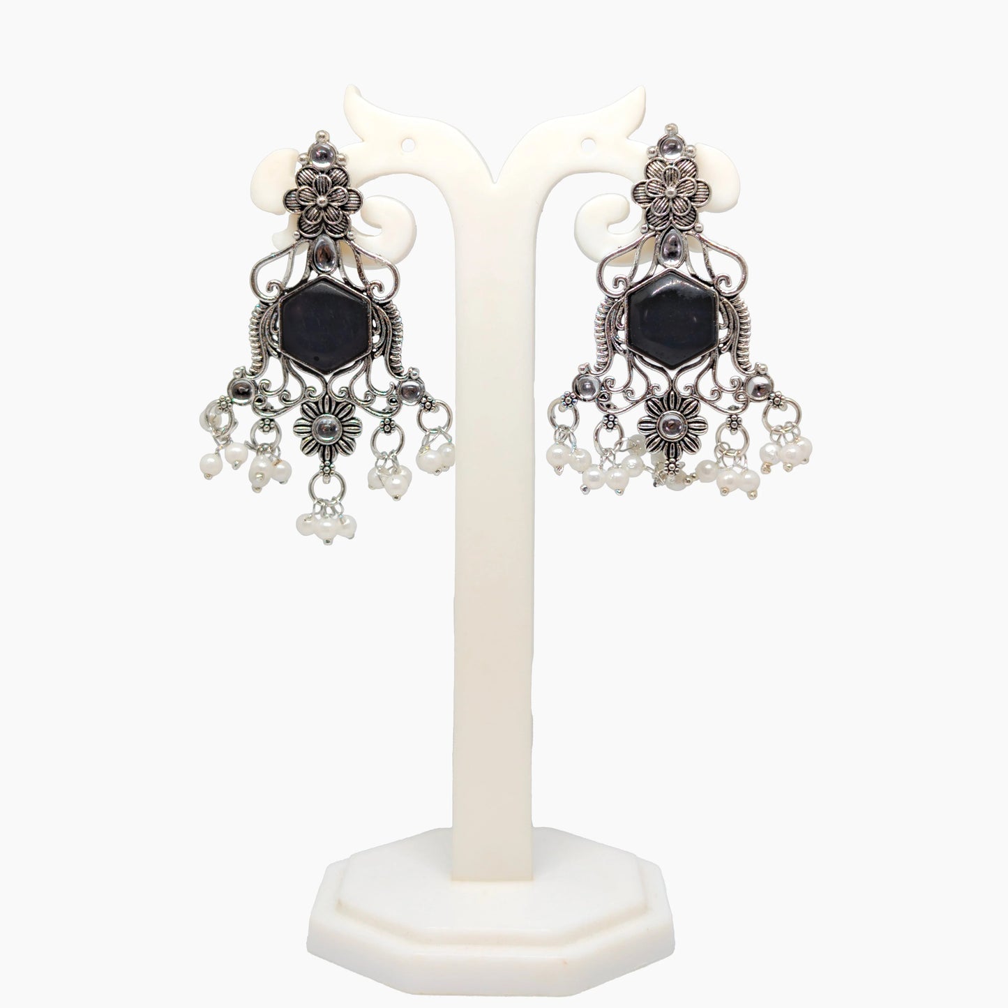 Oxidized Hexagon Stone Chandelier Earrings with Pearl Drops | Traditional Indian Jewellery for Festive & Wedding Wear