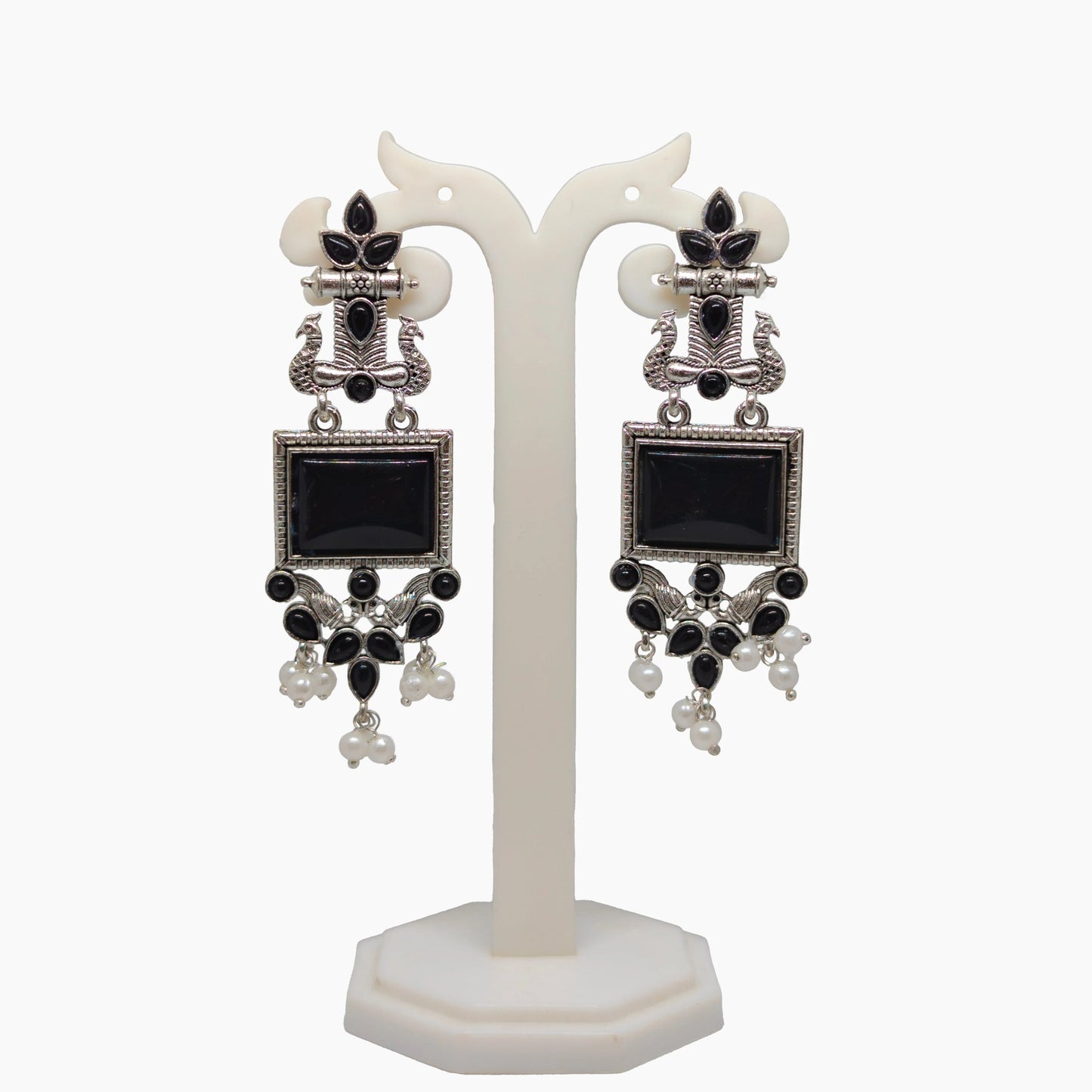 Oxidized Square Stone Chandelier Earrings with Pearl Drops | Traditional Indian Jewellery for Festive & Wedding Wear