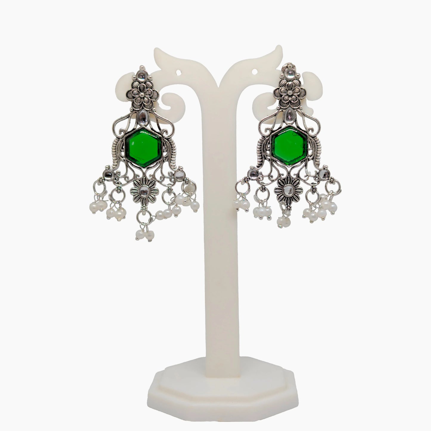 Oxidized Hexagon Stone Chandelier Earrings with Pearl Drops | Traditional Indian Jewellery for Festive & Wedding Wear