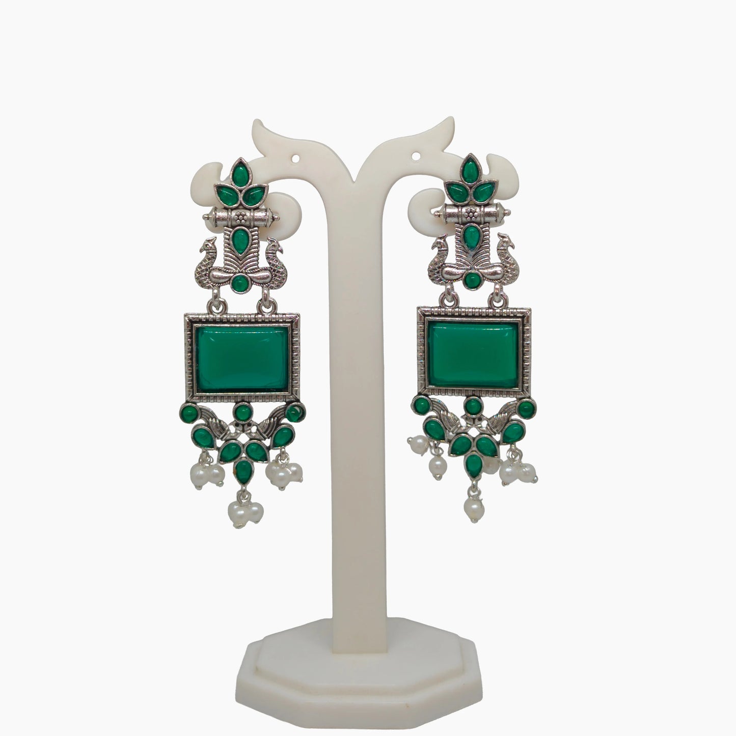 Oxidized Square Stone Chandelier Earrings with Pearl Drops | Traditional Indian Jewellery for Festive & Wedding Wear