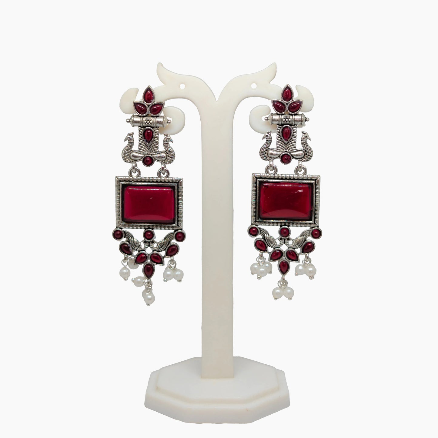 Oxidized Square Stone Chandelier Earrings with Pearl Drops | Traditional Indian Jewellery for Festive & Wedding Wear