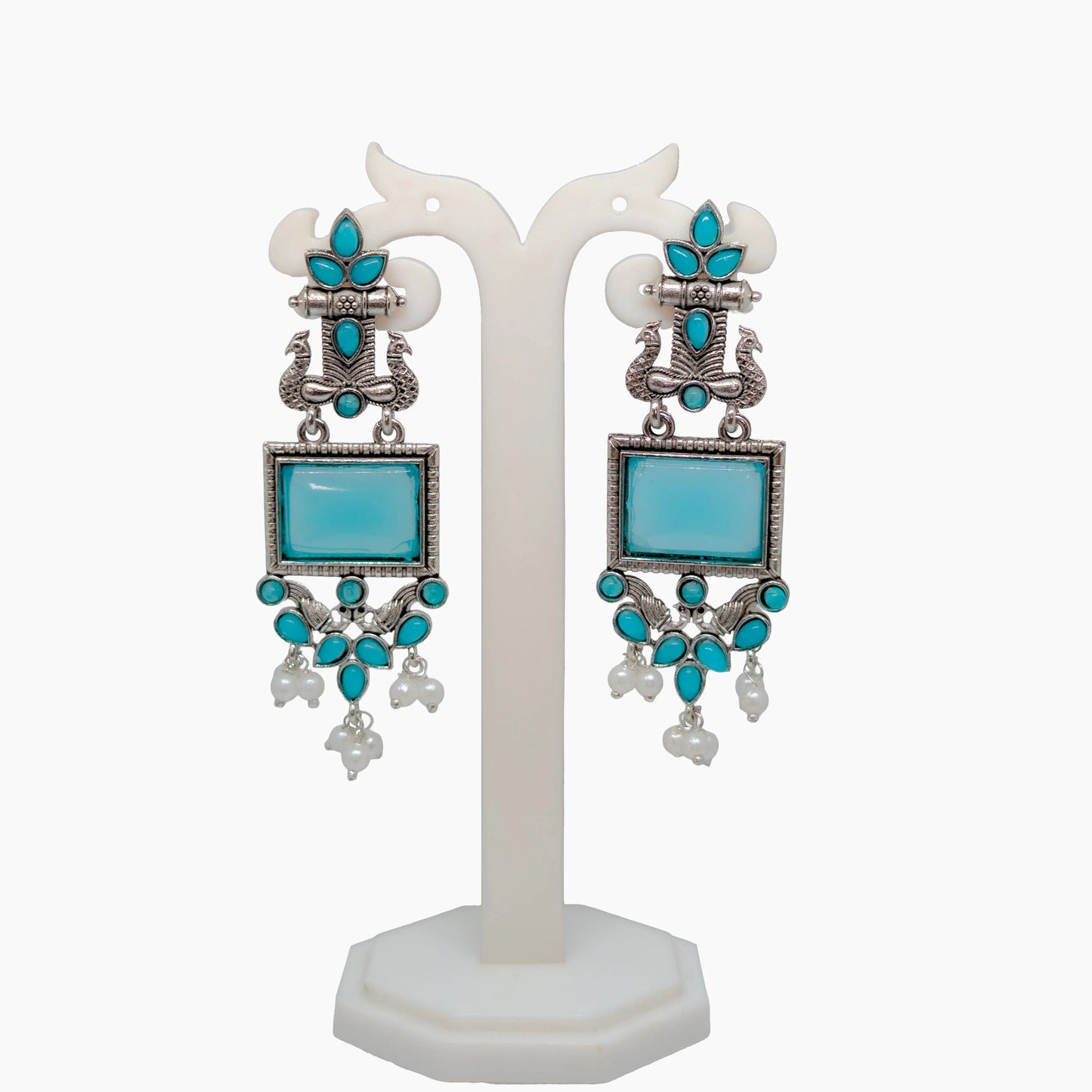 Oxidized Square Stone Chandelier Earrings with Pearl Drops | Traditional Indian Jewellery for Festive & Wedding Wear