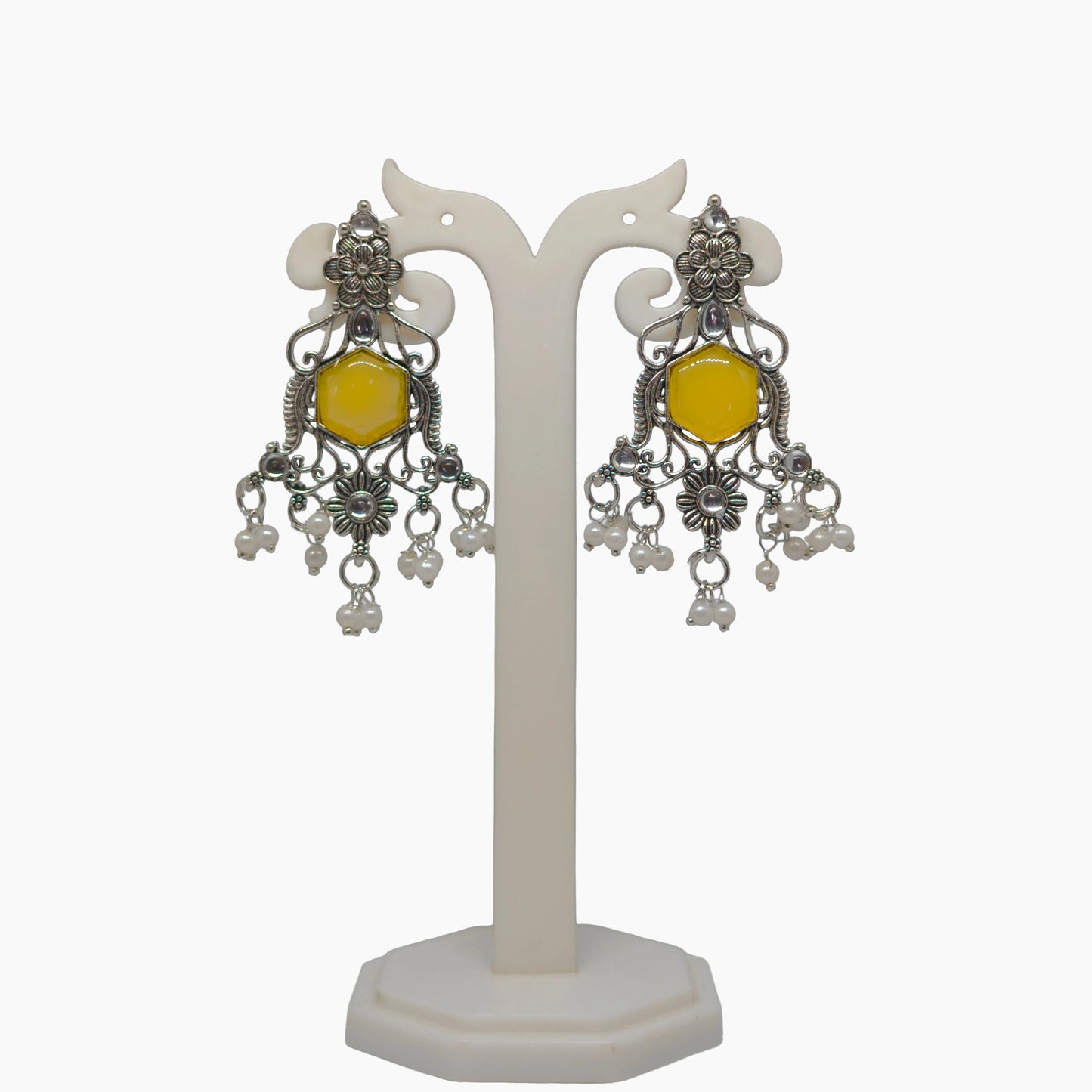 Oxidized Hexagon Stone Chandelier Earrings with Pearl Drops | Traditional Indian Jewellery for Festive & Wedding Wear