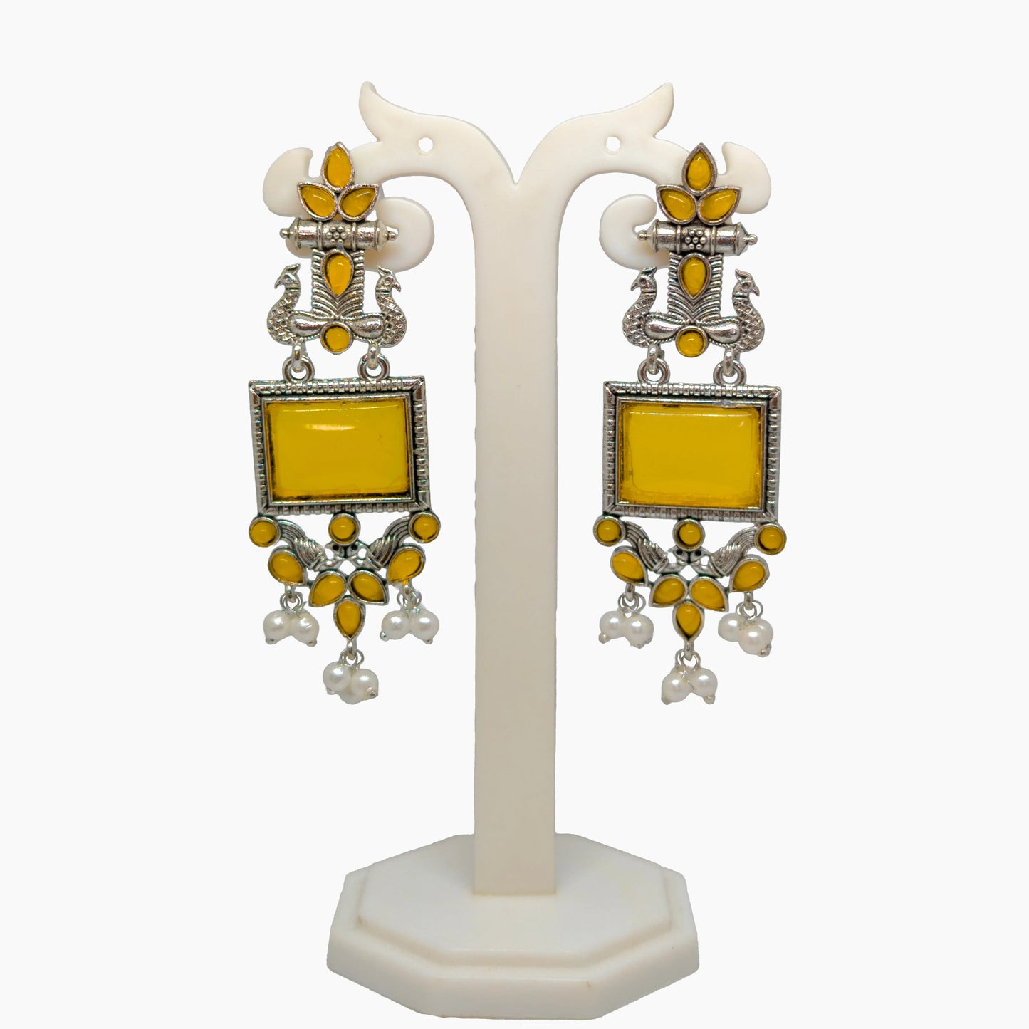 Oxidized Square Stone Chandelier Earrings with Pearl Drops | Traditional Indian Jewellery for Festive & Wedding Wear