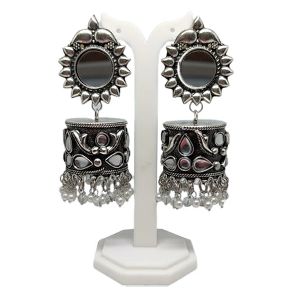 Oxidised Mirror Jhumka Earrings with Beads | Bohemian Ethnic Earrings for Festive Occasions