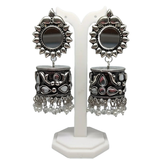 Oxidised Mirror Jhumka Earrings with Beads | Bohemian Ethnic Earrings for Festive Occasions