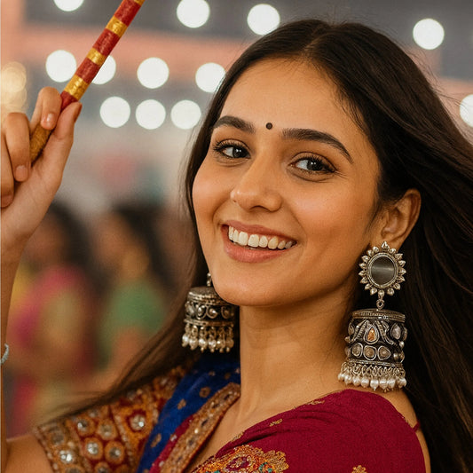 Oxidised Mirror Jhumka Earrings with Beads | Bohemian Ethnic Earrings for Festive Occasions