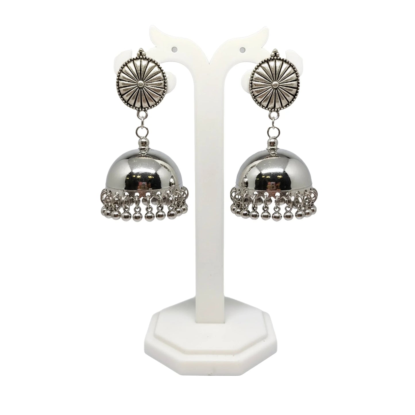 Sunburst Dome Jhumkas with Ghungroo | Antique Silver-Finish Earrings
