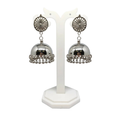 Sunburst Dome Jhumkas with Ghungroo | Antique Silver-Finish Earrings