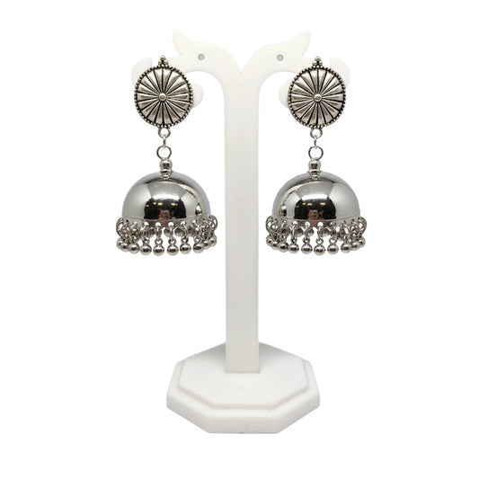 Sunburst Dome Jhumkas with Ghungroo | Antique Silver-Finish Earrings