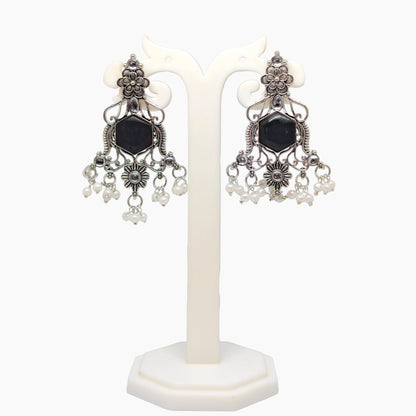 Oxidized Hexagon Stone Chandelier Earrings with Pearl Drops | Traditional Indian Jewellery for Festive & Wedding Wear