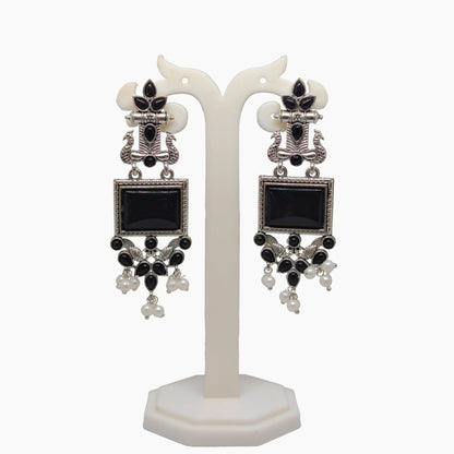 Oxidized Square Stone Chandelier Earrings with Pearl Drops | Traditional Indian Jewellery for Festive & Wedding Wear