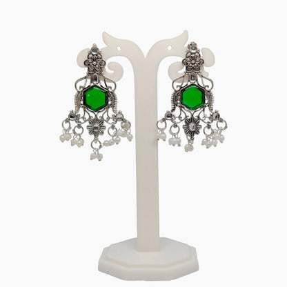 Oxidized Hexagon Stone Chandelier Earrings with Pearl Drops | Traditional Indian Jewellery for Festive & Wedding Wear