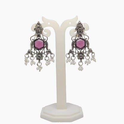 Oxidized Hexagon Stone Chandelier Earrings with Pearl Drops | Traditional Indian Jewellery for Festive & Wedding Wear