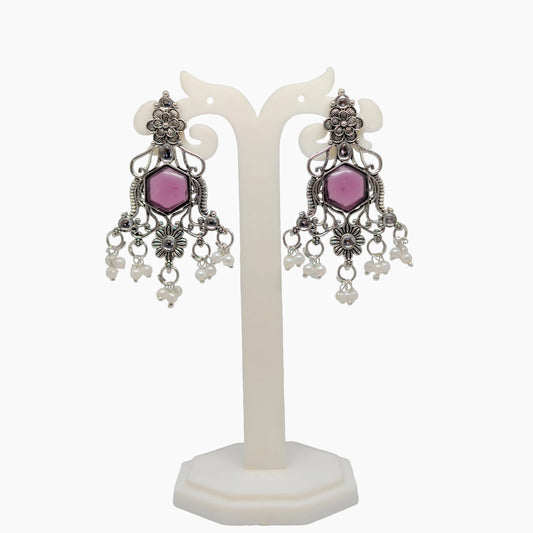 Oxidized Hexagon Stone Chandelier Earrings with Pearl Drops | Traditional Indian Jewellery for Festive & Wedding Wear