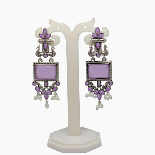Oxidized Square Stone Chandelier Earrings with Pearl Drops | Traditional Indian Jewellery for Festive & Wedding Wear