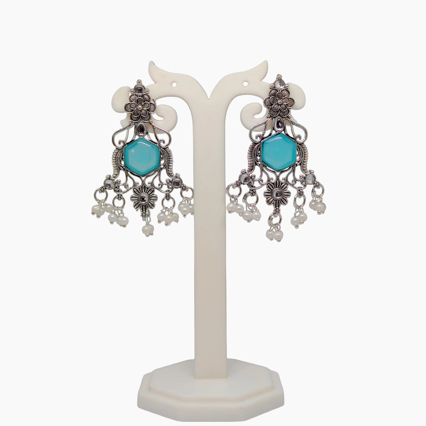 Oxidized Hexagon Stone Chandelier Earrings with Pearl Drops | Traditional Indian Jewellery for Festive & Wedding Wear