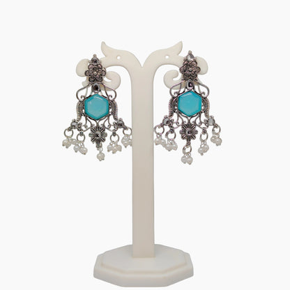 Oxidized Hexagon Stone Chandelier Earrings with Pearl Drops | Traditional Indian Jewellery for Festive & Wedding Wear