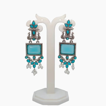 Oxidized Square Stone Chandelier Earrings with Pearl Drops | Traditional Indian Jewellery for Festive & Wedding Wear