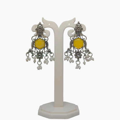 Oxidized Hexagon Stone Chandelier Earrings with Pearl Drops | Traditional Indian Jewellery for Festive & Wedding Wear